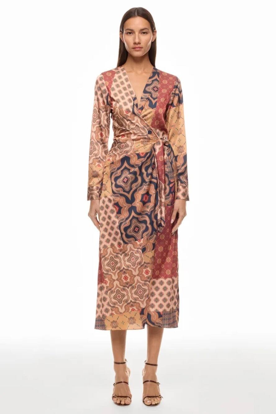 MISA Eliza Patchwork Print Long Sleeve Tie Waist Boho Wrap Midi Dress Size M